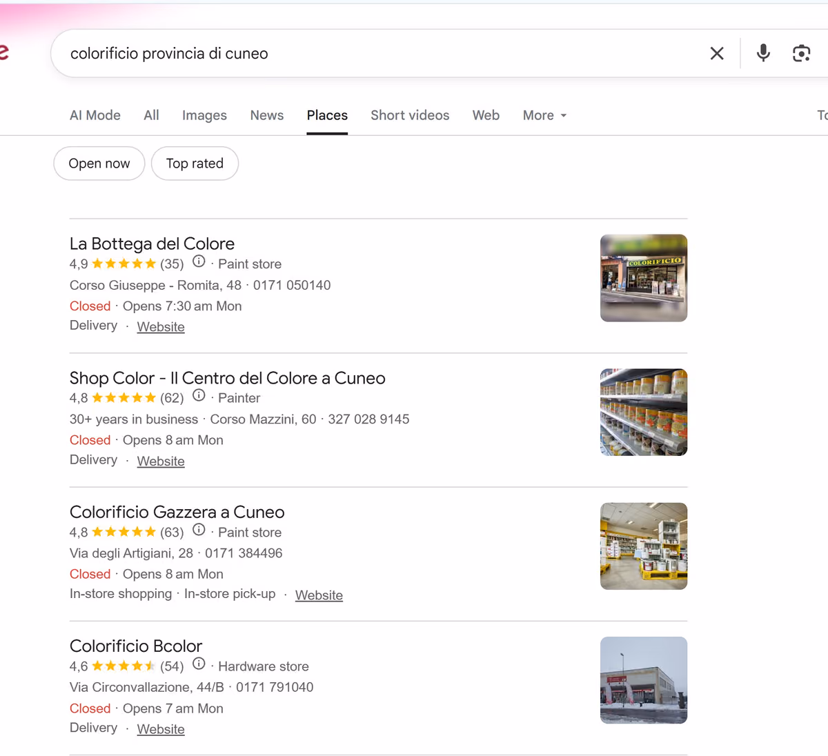 Primo nel blocco Luoghi di Google sui colorifici della provincia, davanti a quelli del capoluogo