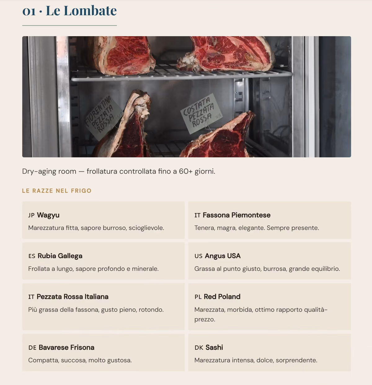 La pagina delle lombate, con la cella di frollatura e le razze